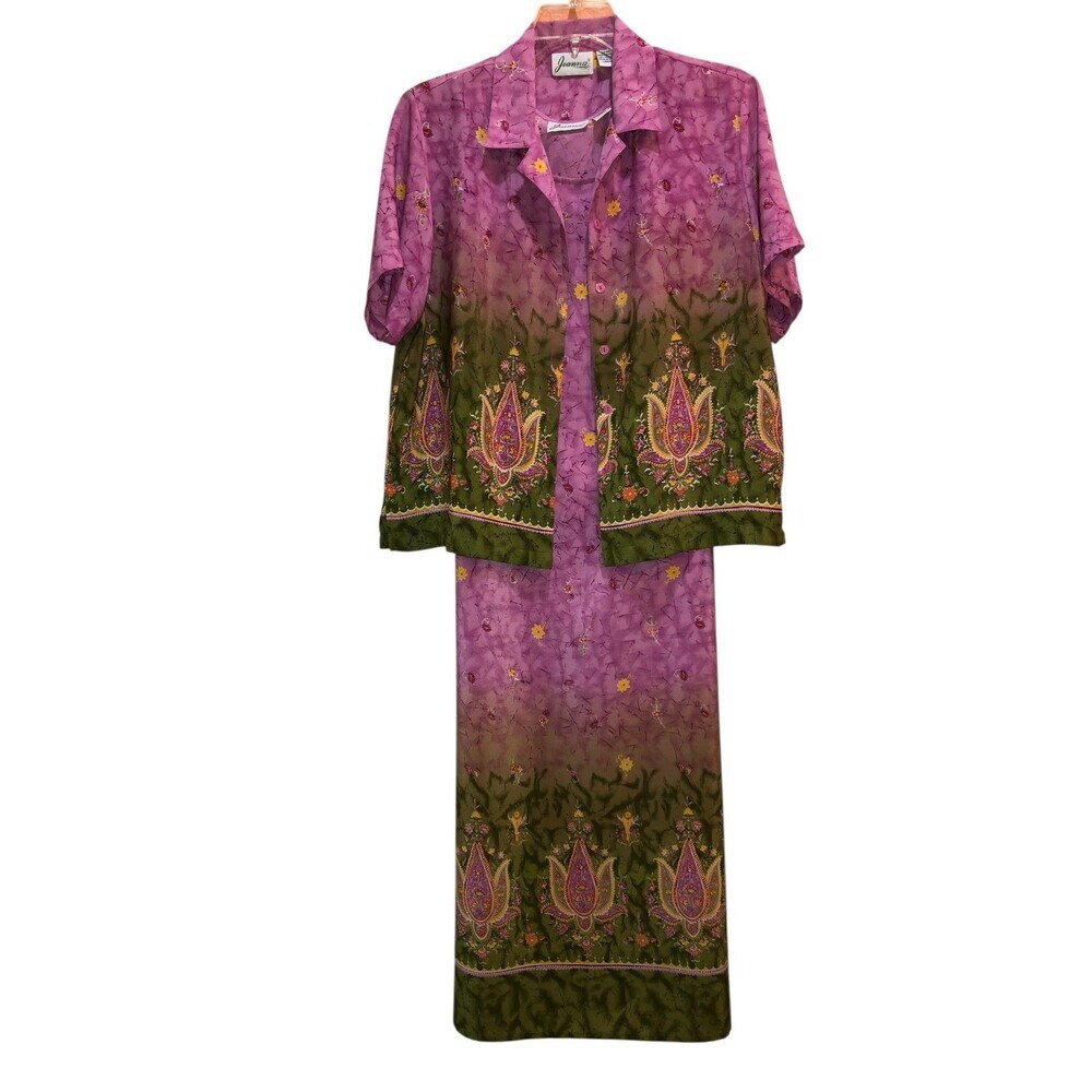 VTG Joanna Large Pink Green Floral Jacket Sleeveless Maxi Dress Easter Spring L